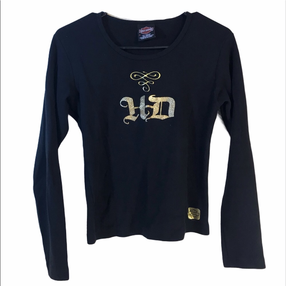 Vintage Harley Davidson Long Sleeve Shirt Womens Medium Black Gold Glitter Logo
